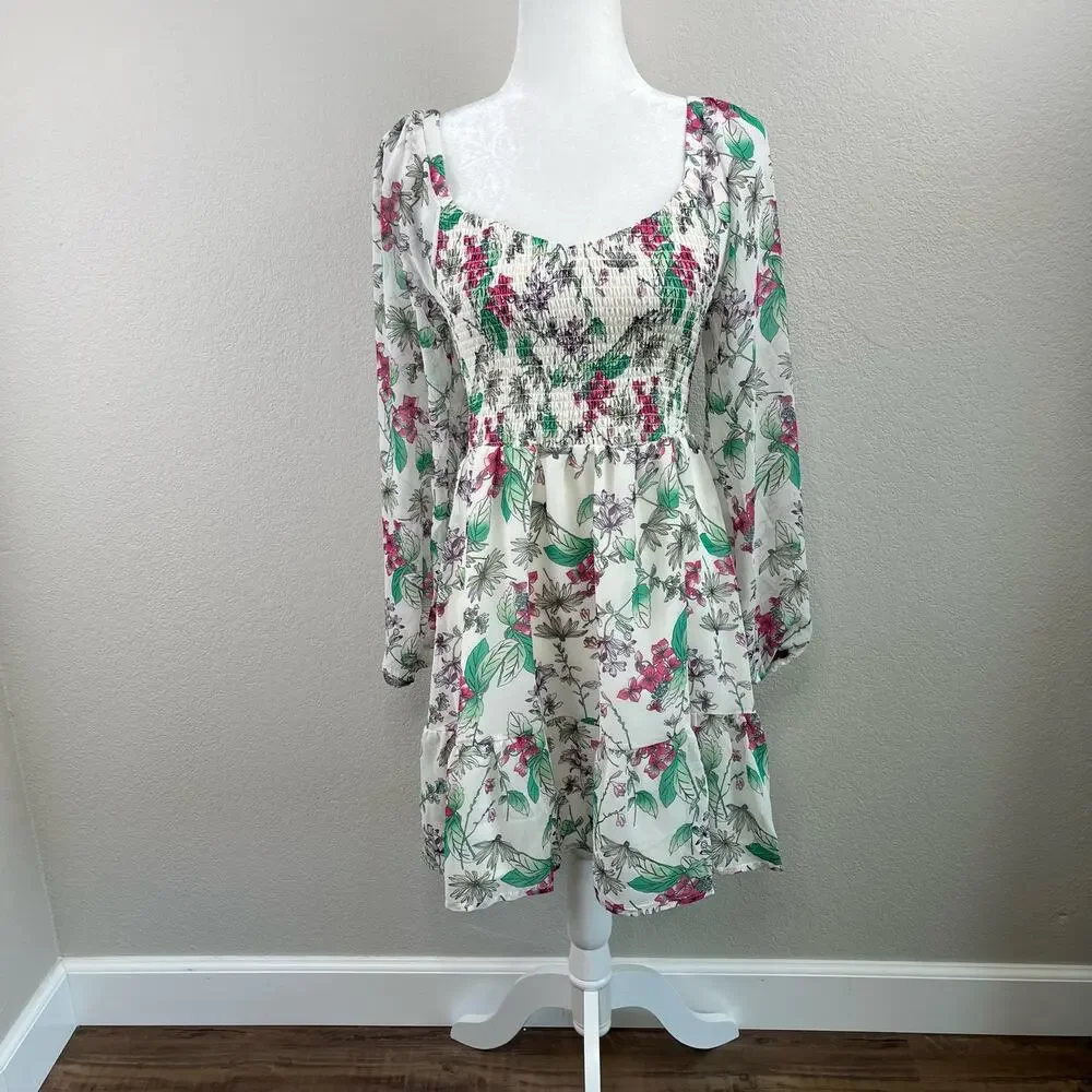 Steve Madden Floral Chiffon Smocked Mini Dress M GardenCore Romantic Whimsigoth